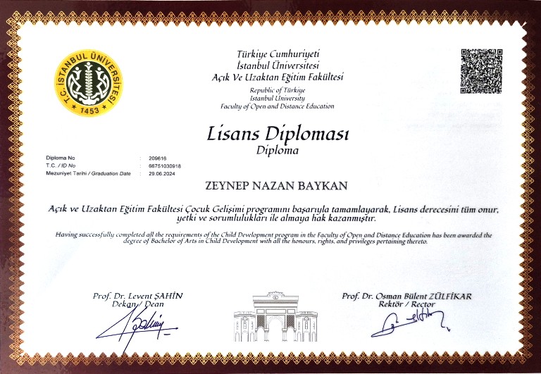 Zeynep Nazan Baykan İstanbul Üniversitesi Çocuk Gelişimi Lisans Diploması.